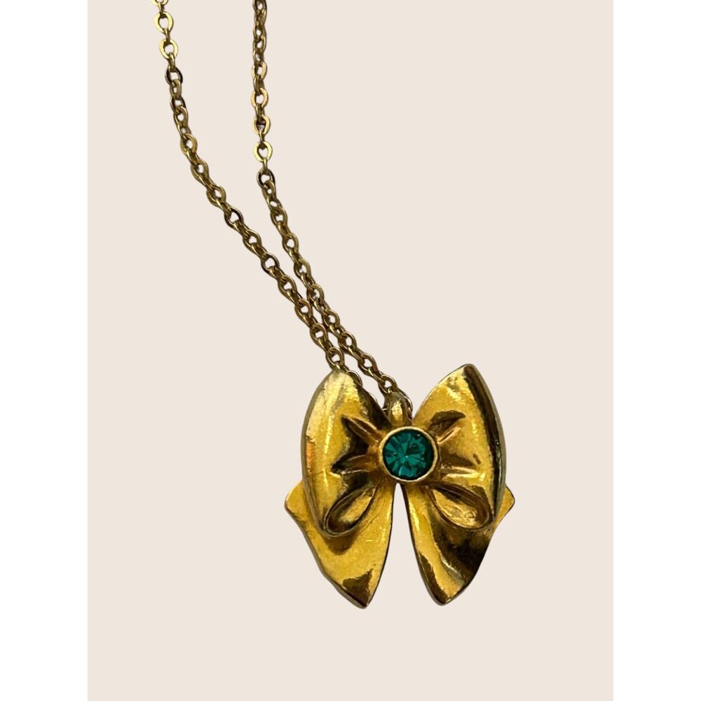 🎀 VTG AVON BIRTHSTONE BIRTHDAY DECEMBER BOW NECKLACE PENDANT TEAL BLUE GREEN